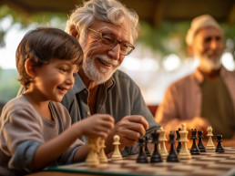 &Auml;lterer Mann mit Kind beim Schach spielen